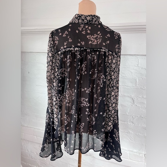 FreePeople Serena Black Floral Blouse Sheer Button Up Ditzy Cottage Witch Size M - Picture 8 of 16